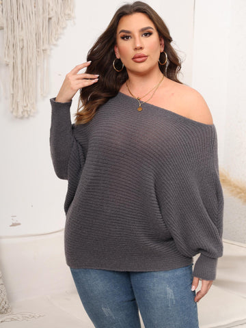 Woochic pull grande taille femme col droit épaules dénudées manches chauve-souris gris S